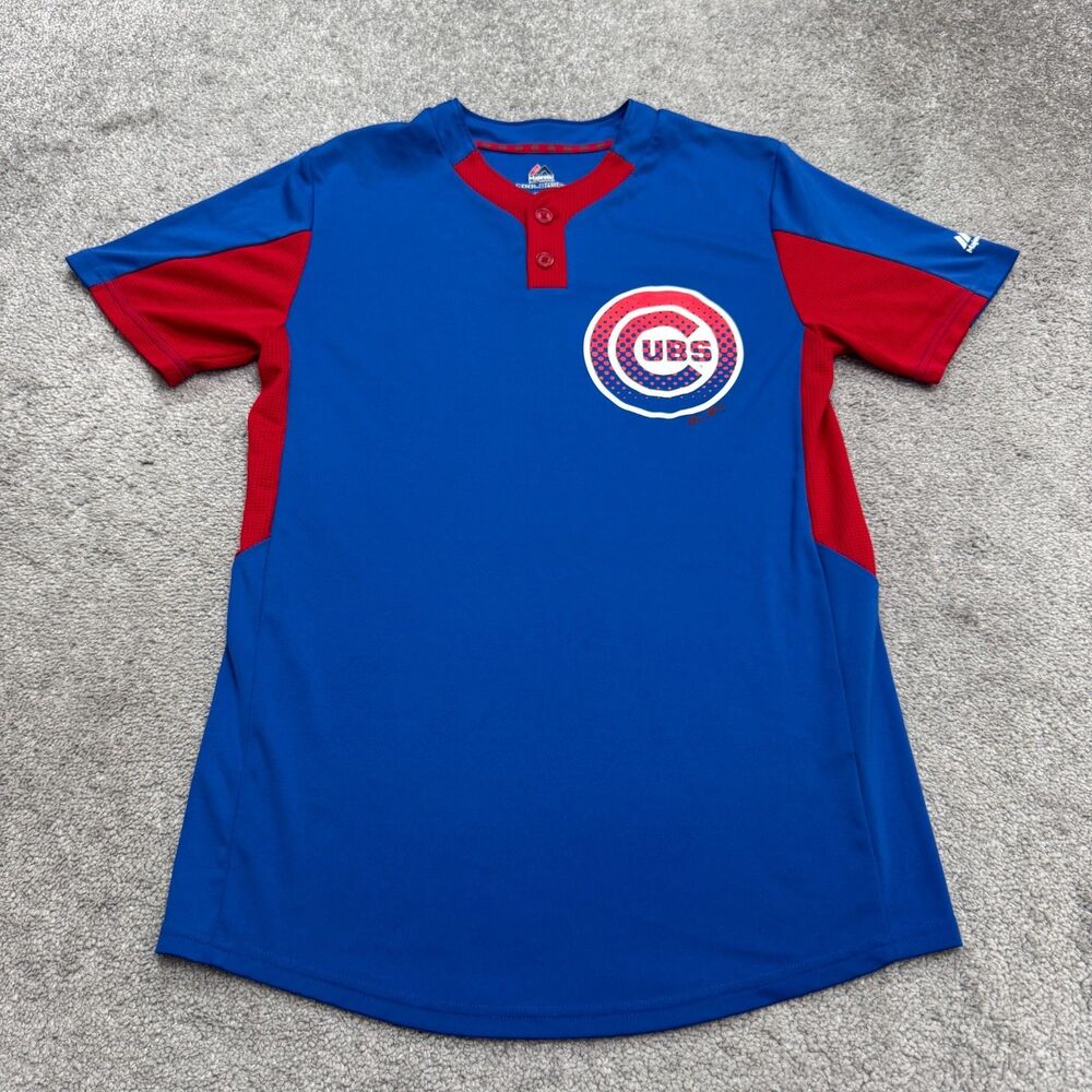 Majestic Cool Base Chicago Clubs Baseball Henley Jersey #2 Mens Small Blue Red